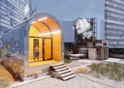 Designové obytné studio na střeše s ekologickým designem a inovativní architekturou.