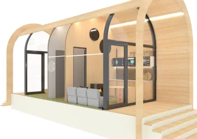 Dřevěná studna s velkými skleněnými dveřmi, moderním designem a pohodlným posezením, ideální pro kreativní práce.