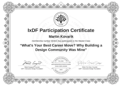Certifikát účasti v designu IxDF, školení v komunitě designu.
